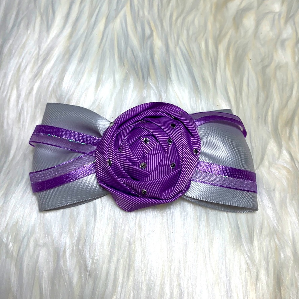 Handcrafted Purple Rose & Silver Satin Hair Bow